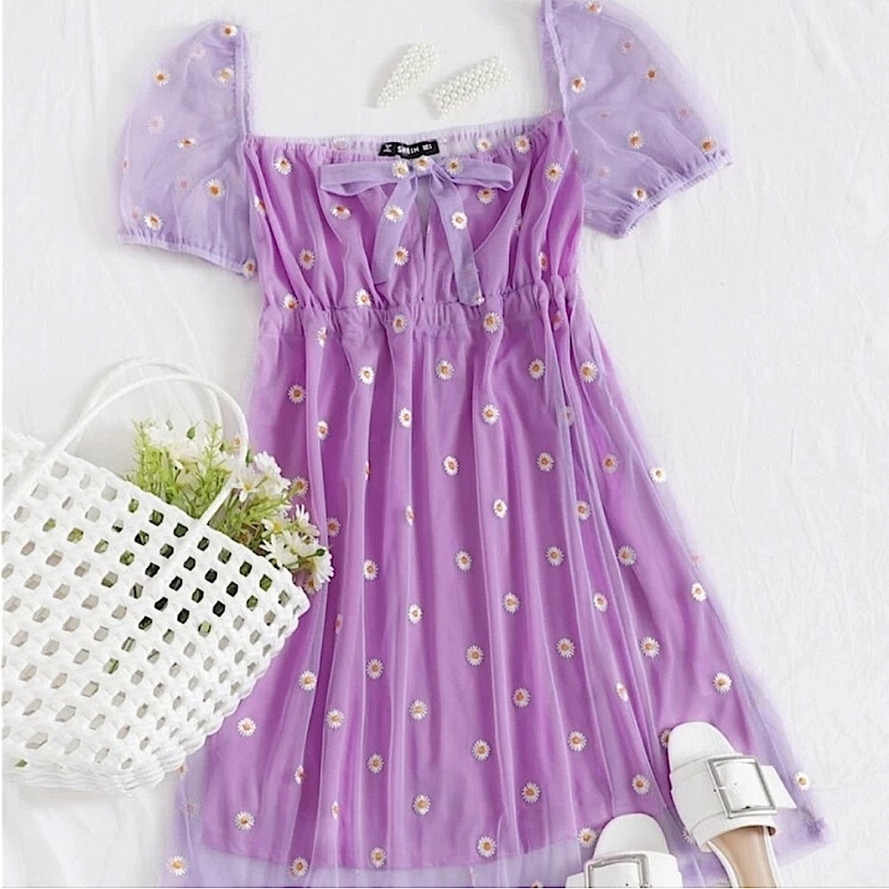 Purple Floral Embroidered Daisy Print Mesh Overlay Tie Front Dress Medium